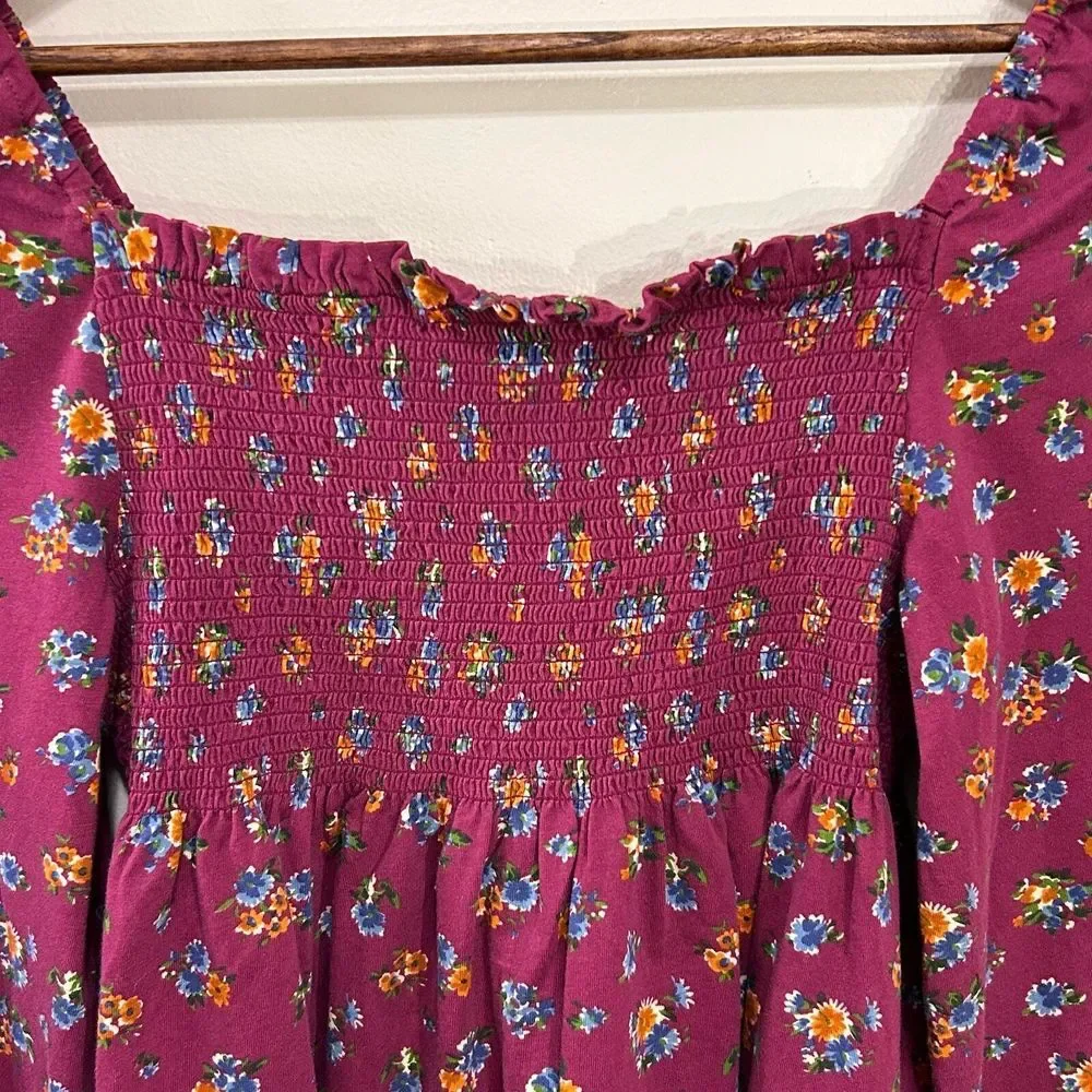 Polo Ralph Lauren‎ Girls Top Size 5 Burgundy Floral Smocked Square Neck Blouse